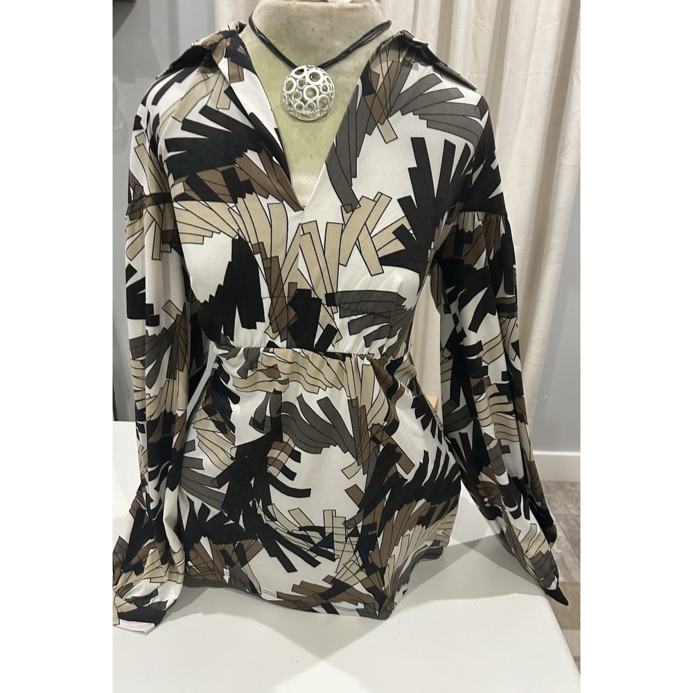 Vintage Lapis Women Y2K Babydoll Top Size M Brown Geo Boho Forest Fairy Collared